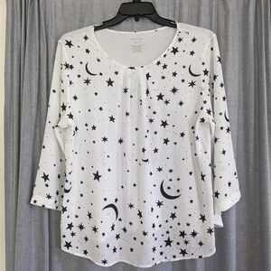 Van Heusen Top Women's XL White Black Stars Celestial Witchy 3/4 Sleeve Boho